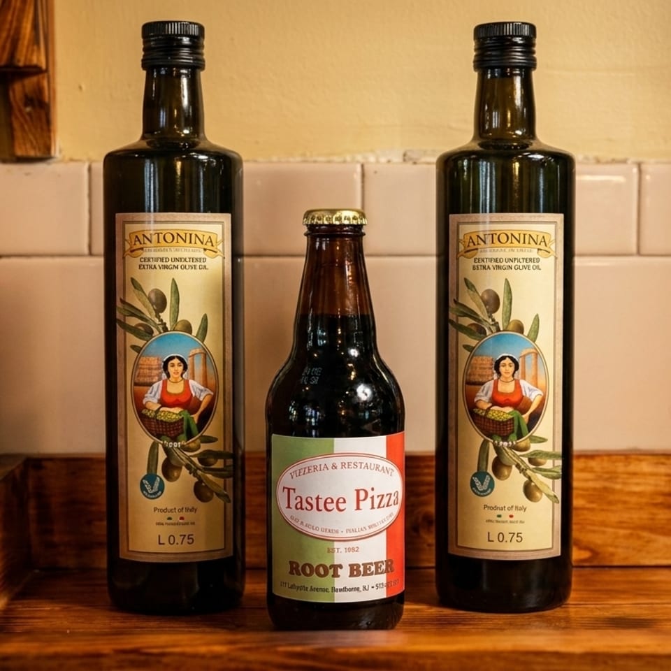Two Antonina olive oil bottles flank a Tastee Pizza root beer bottle on a wooden shelf.