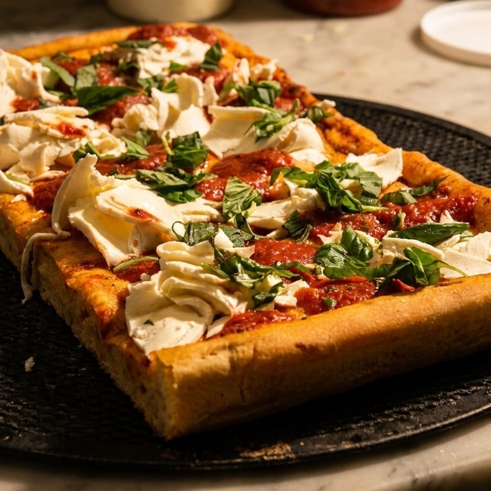 Rectangular pizza with thick crust, red sauce, fresh mozzarella, and basil on a dark pan.