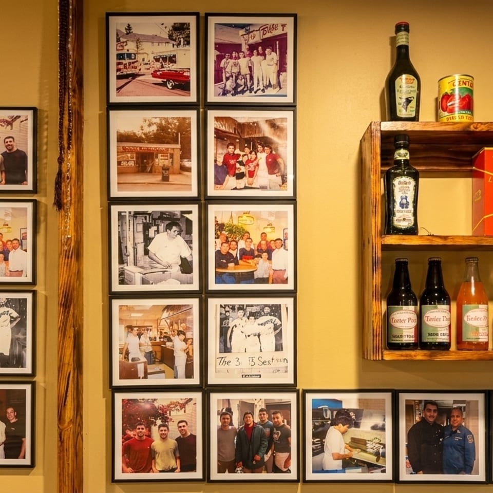 A wall display of framed black and white photos and a wooden shelf with bottles and cans.