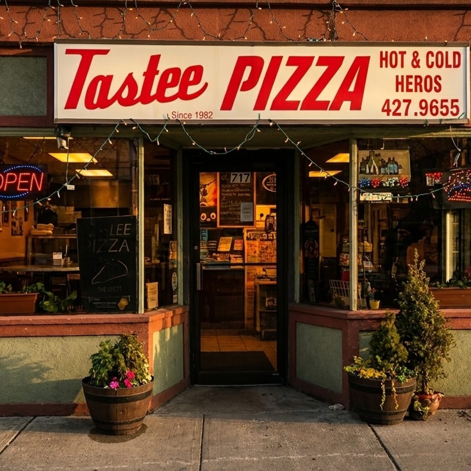 Tastee Pizza storefront with an "Open" sign, string lights, and potted plants outside.
