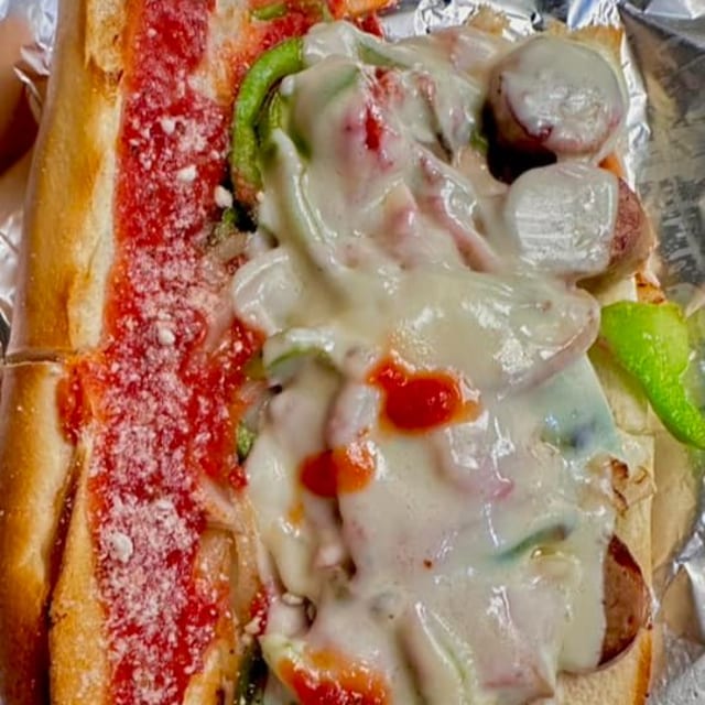 Sausage, Peppers, & Onions Sandwich.